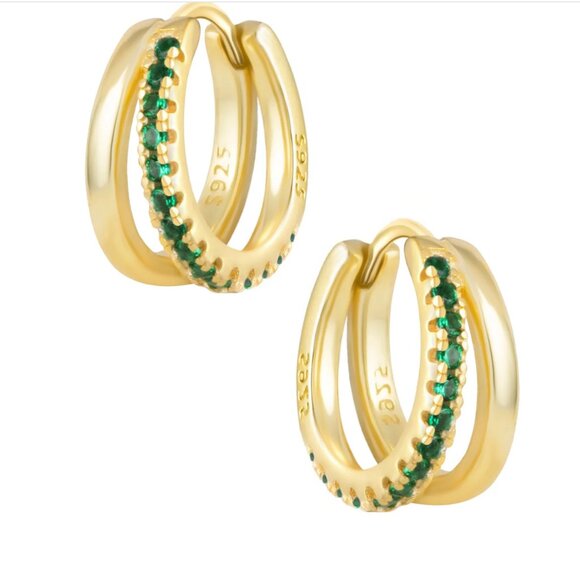 Double Huggie Earrings Green CZ CUTE everyday Jewelry huggies double hoop Green - Picture 4 of 7